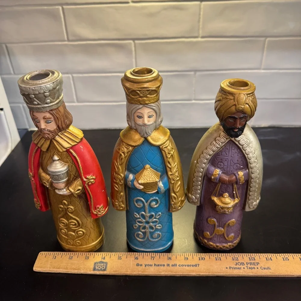 Three Wise Men Candle Holder Set Multicolor Painted Magi Decor Christmas